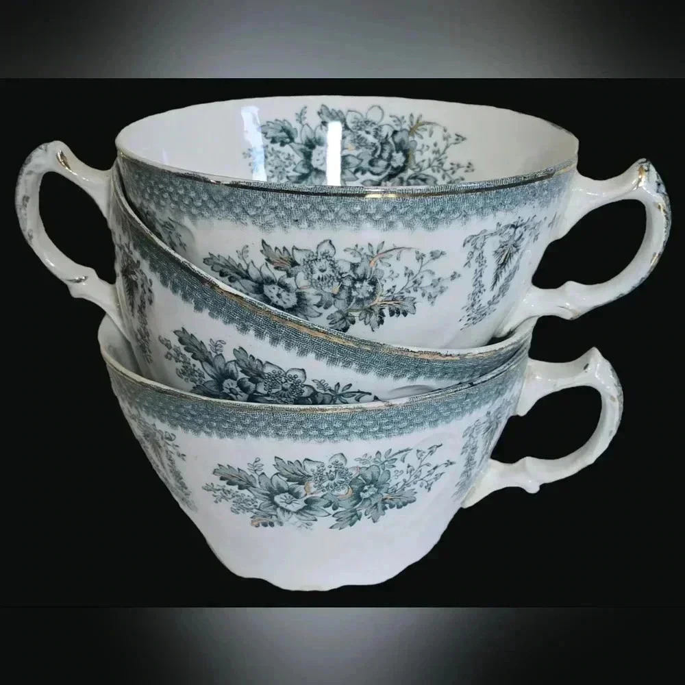 3 Antique 1890s Teacups by Grindley of England in Turquoise Brussels Pattern